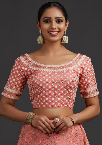 Peach Threadwork Raw Silk Designer Semi-Stitched Lehenga - koskii