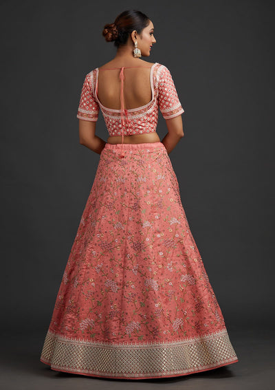 Peach Threadwork Raw Silk Designer Semi-Stitched Lehenga - koskii