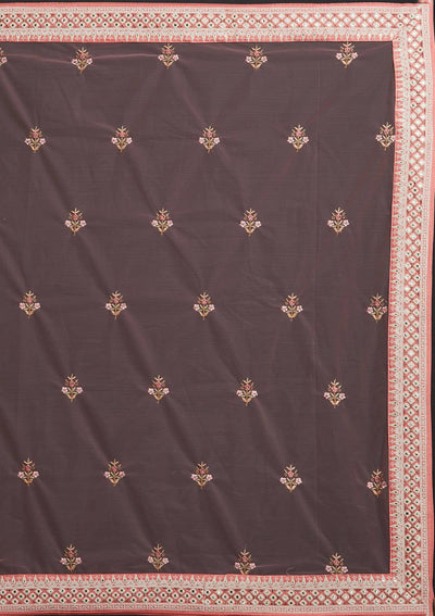 Peach Threadwork Raw Silk Designer Semi-Stitched Lehenga - koskii