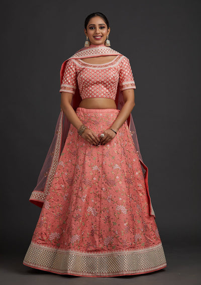 Peach Threadwork Raw Silk Designer Semi-Stitched Lehenga - koskii