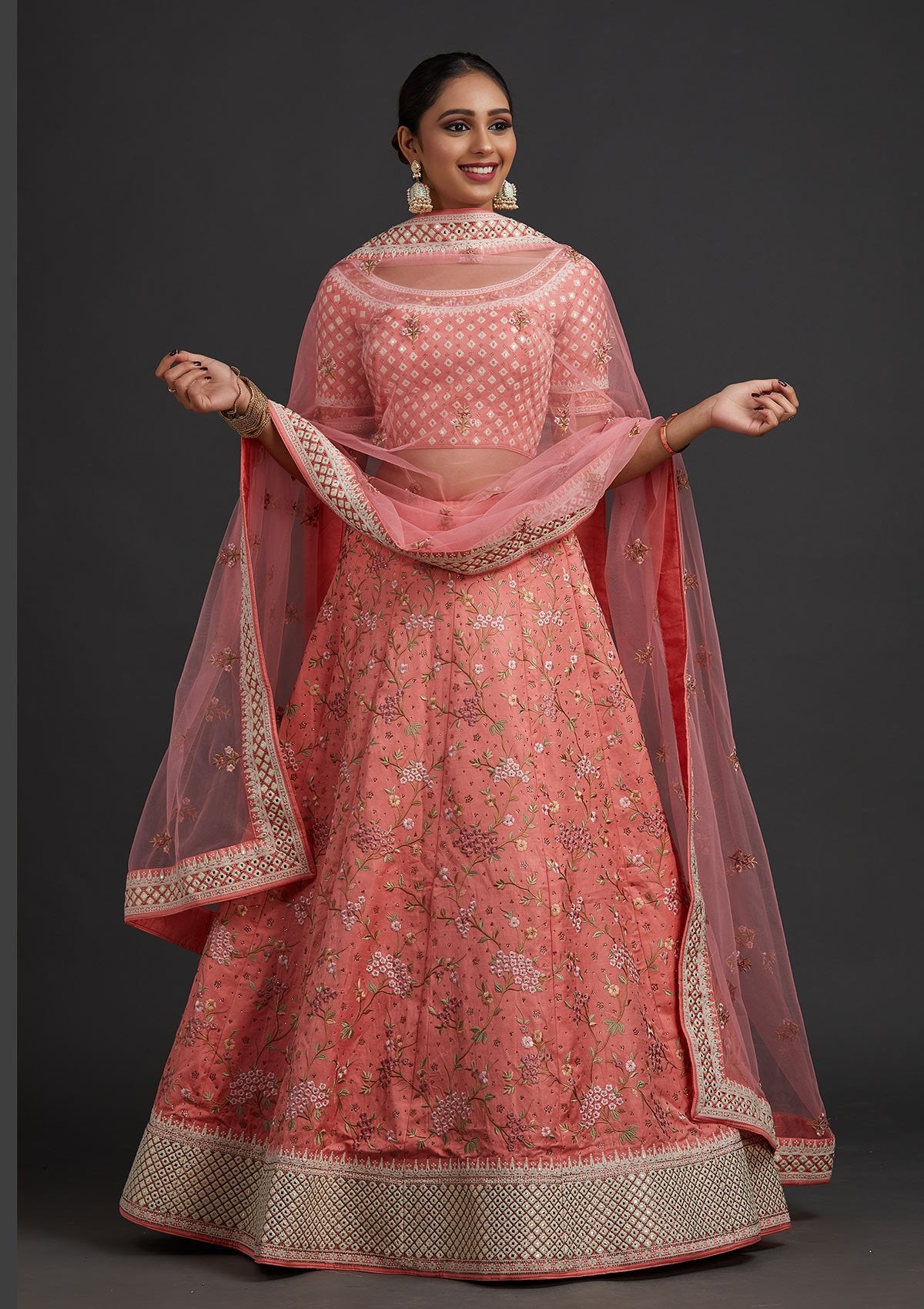 Peach Threadwork Raw Silk Designer Semi-Stitched Lehenga - koskii