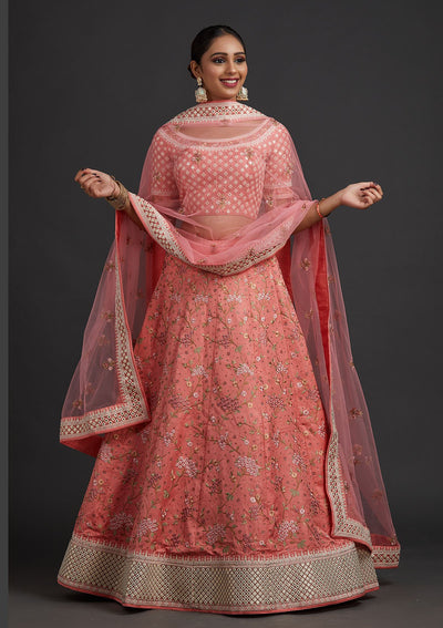 Peach Threadwork Raw Silk Designer Semi-Stitched Lehenga - koskii