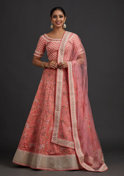 Peach Threadwork Raw Silk Designer Semi-Stitched Lehenga - koskii