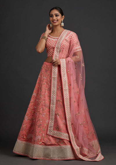 Peach Threadwork Raw Silk Designer Semi-Stitched Lehenga - koskii