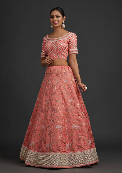 Peach Threadwork Raw Silk Designer Semi-Stitched Lehenga - koskii