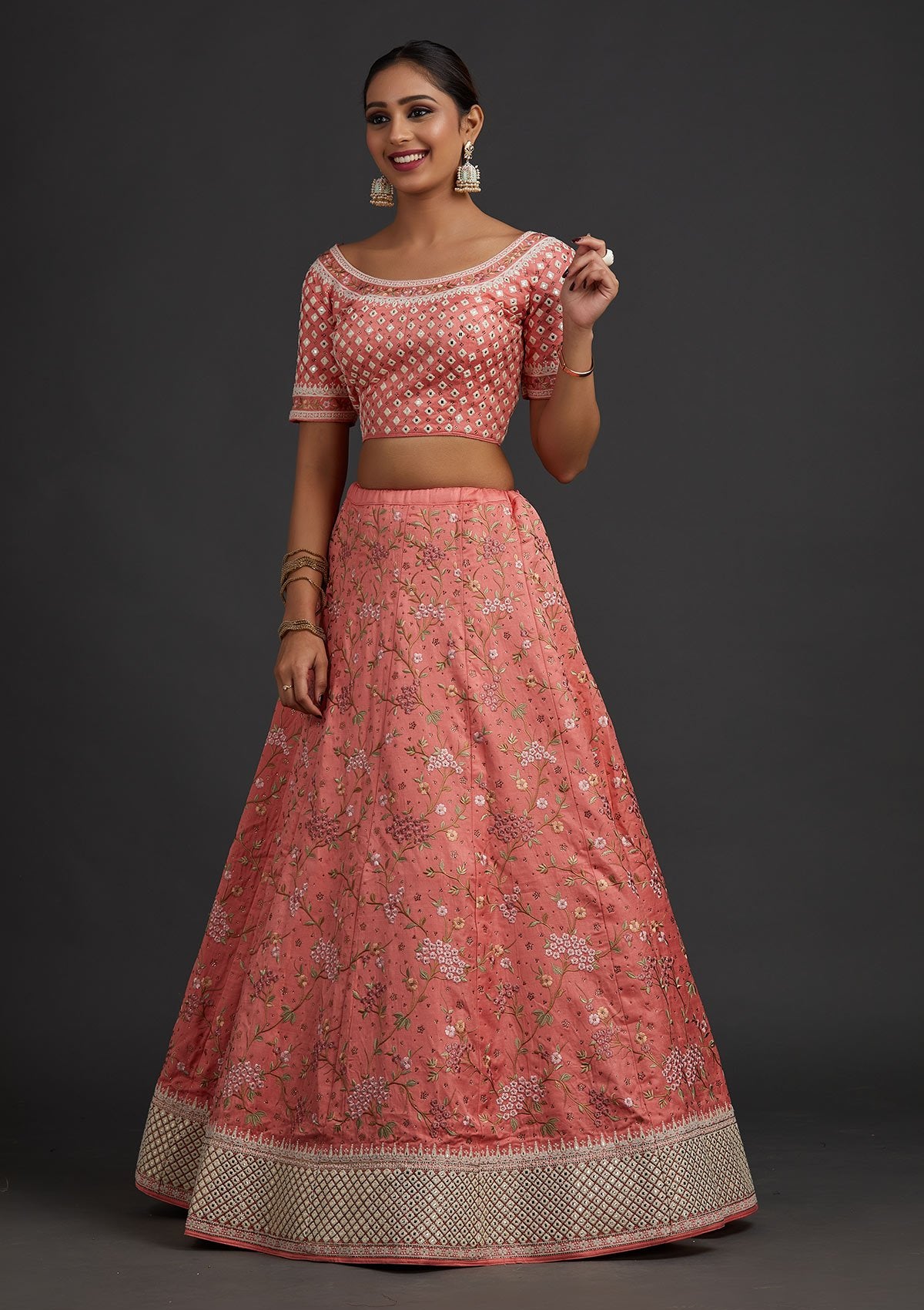 Peach Threadwork Raw Silk Designer Semi-Stitched Lehenga - koskii
