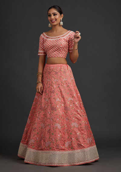 Peach Threadwork Raw Silk Designer Semi-Stitched Lehenga - koskii