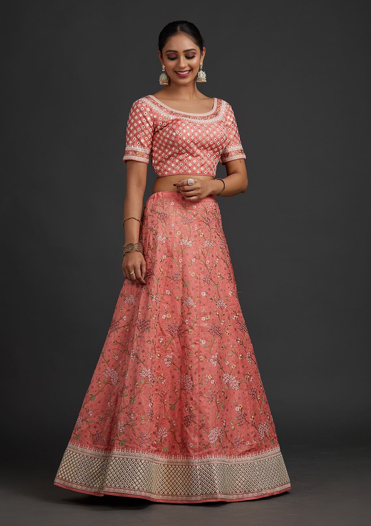 Peach Threadwork Raw Silk Designer Semi-Stitched Lehenga - koskii