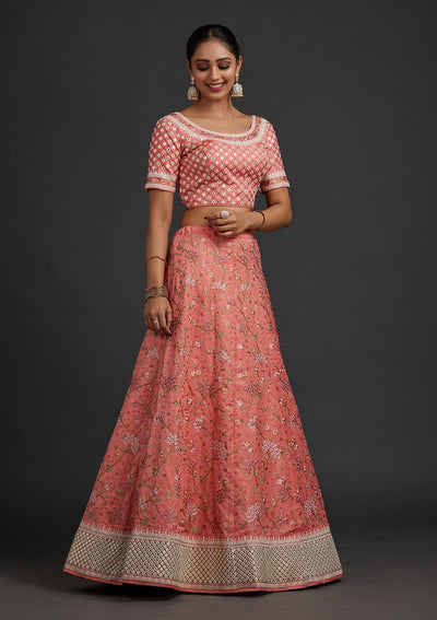 Peach Threadwork Raw Silk Designer Semi-Stitched Lehenga - koskii
