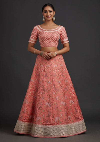 Peach Threadwork Raw Silk Designer Semi-Stitched Lehenga - koskii