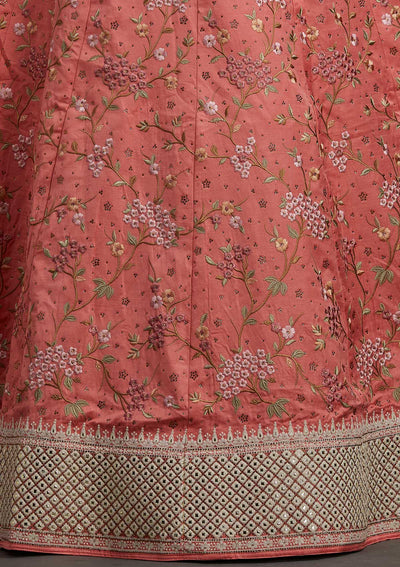 Peach Threadwork Raw Silk Designer Semi-Stitched Lehenga - koskii