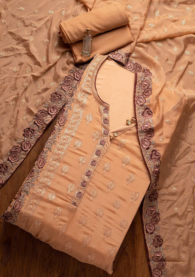Peach Threadwork Semi Crepe Designer Semi-Stitched Salwar Suit - koskii