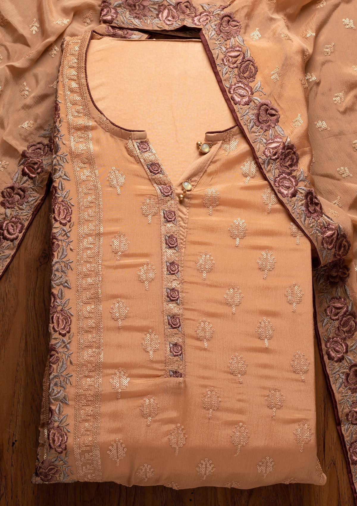 Peach Threadwork Semi Crepe Designer Semi-Stitched Salwar Suit - koskii