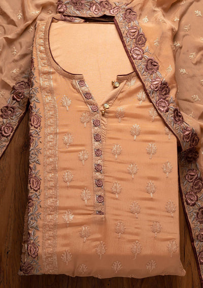 Peach Threadwork Semi Crepe Designer Semi-Stitched Salwar Suit - koskii