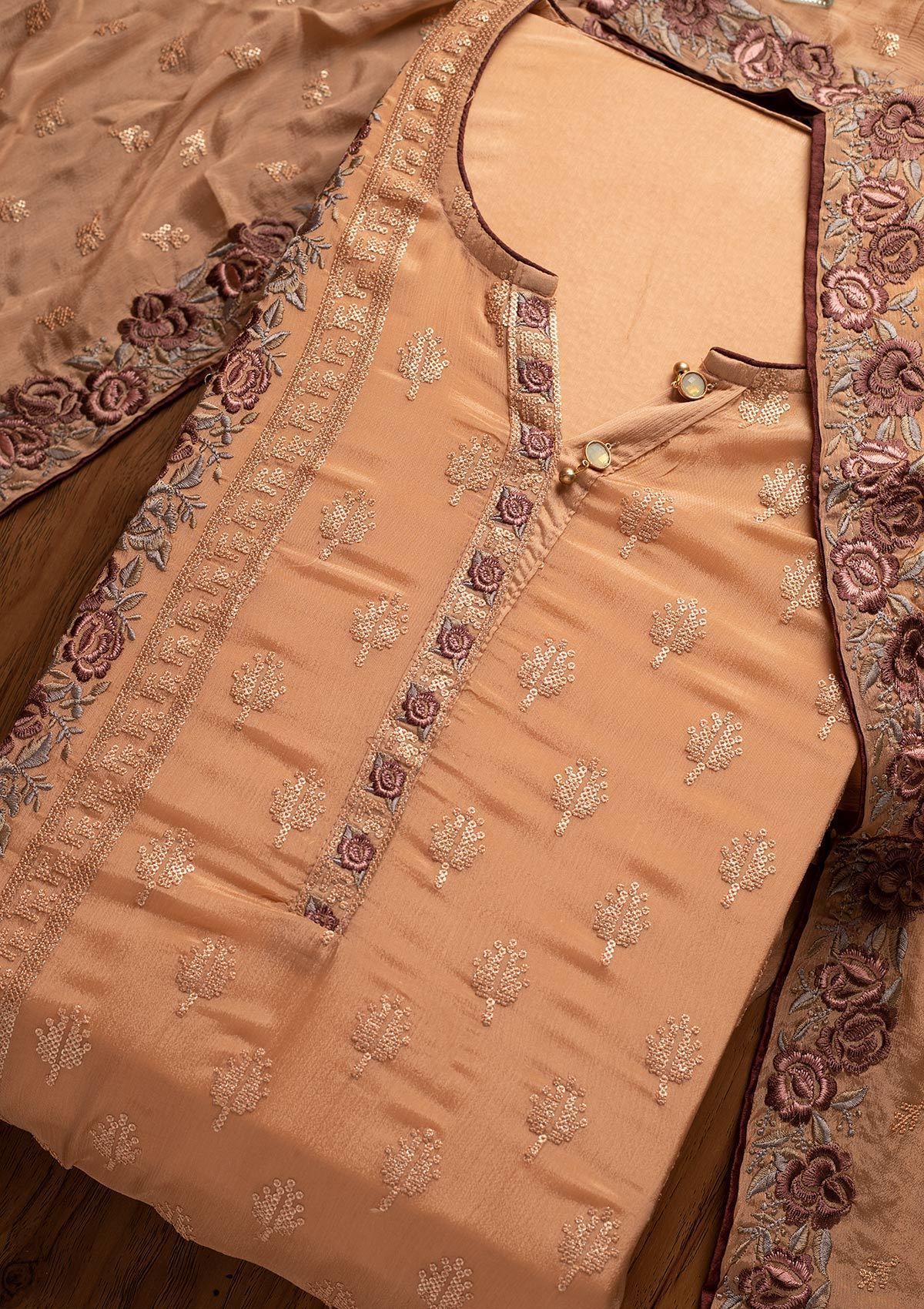 Peach Threadwork Semi Crepe Designer Semi-Stitched Salwar Suit - koskii