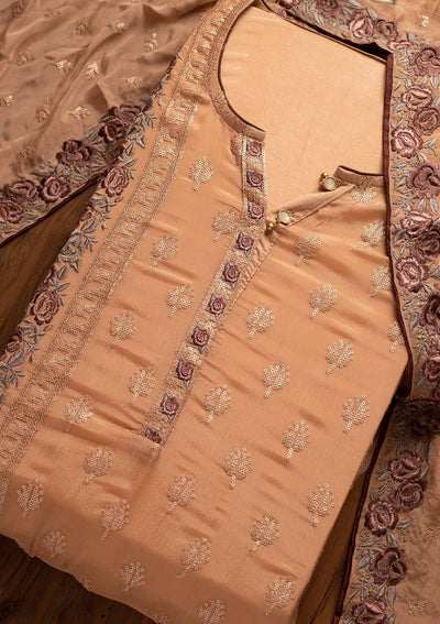 Peach Threadwork Semi Crepe Designer Semi-Stitched Salwar Suit - koskii
