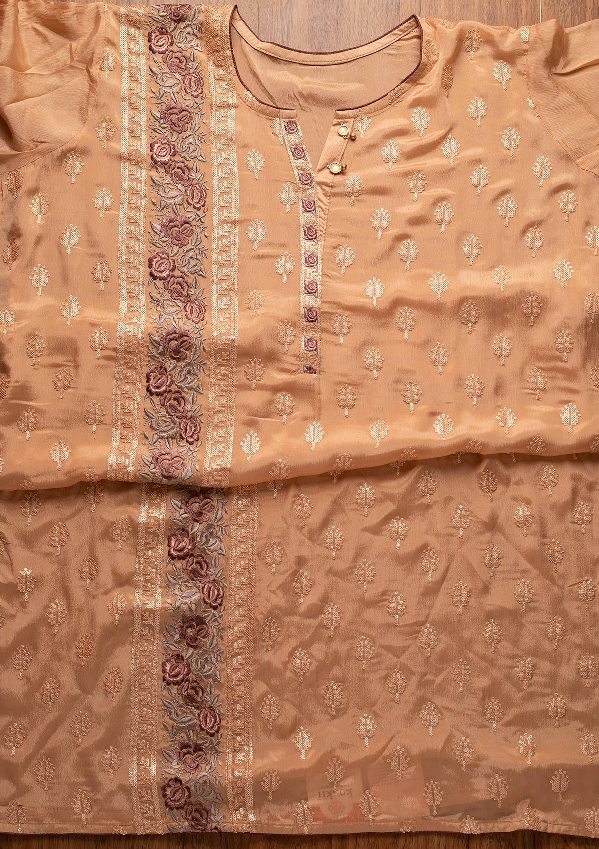 Peach Threadwork Semi Crepe Designer Semi-Stitched Salwar Suit - koskii