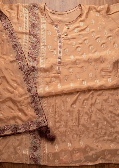 Peach Threadwork Semi Crepe Designer Semi-Stitched Salwar Suit - koskii