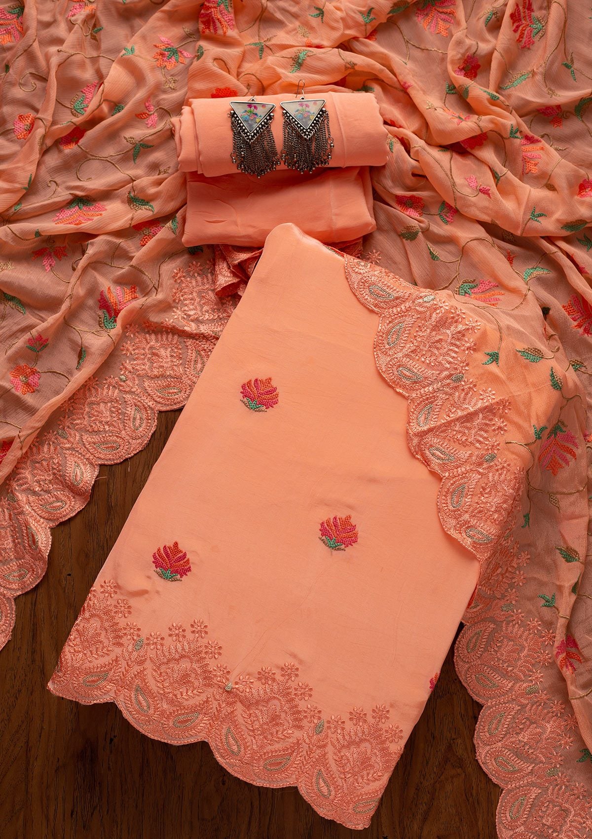 Peach Threadwork Semi Crepe Designer Unstitched Salwar Suit - koskii