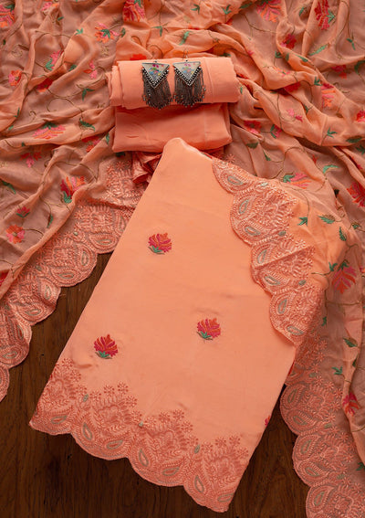 Peach Threadwork Semi Crepe Designer Unstitched Salwar Suit - koskii