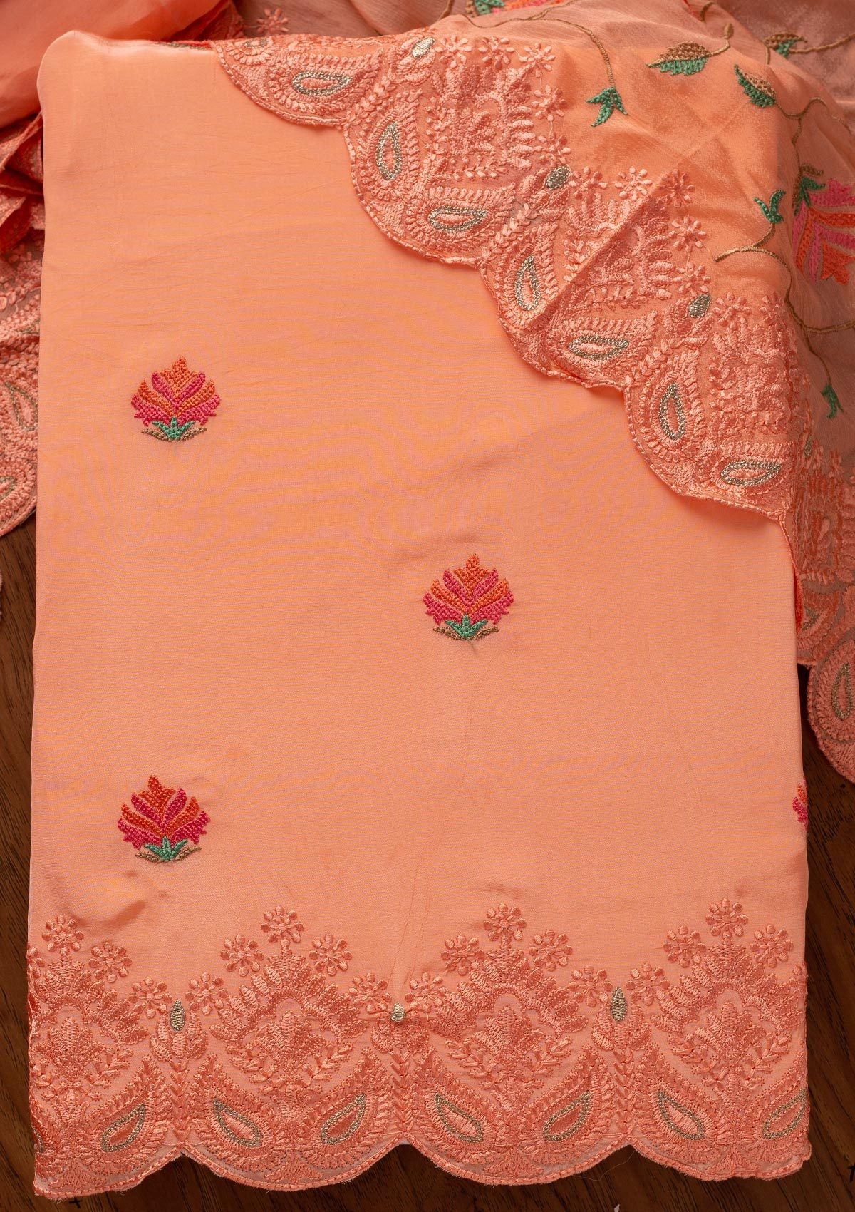 Peach Threadwork Semi Crepe Designer Unstitched Salwar Suit - koskii