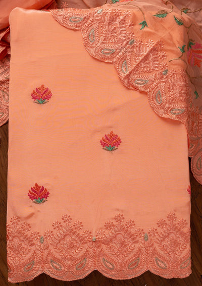 Peach Threadwork Semi Crepe Designer Unstitched Salwar Suit - koskii