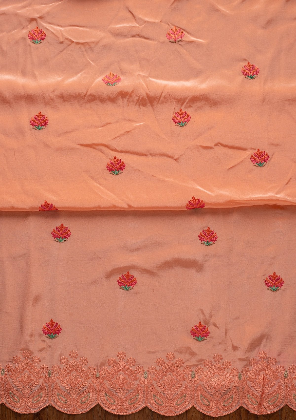 Peach Threadwork Semi Crepe Designer Unstitched Salwar Suit - koskii