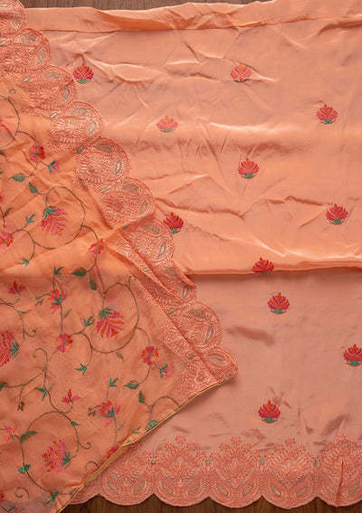 Peach Threadwork Semi Crepe Designer Unstitched Salwar Suit - koskii