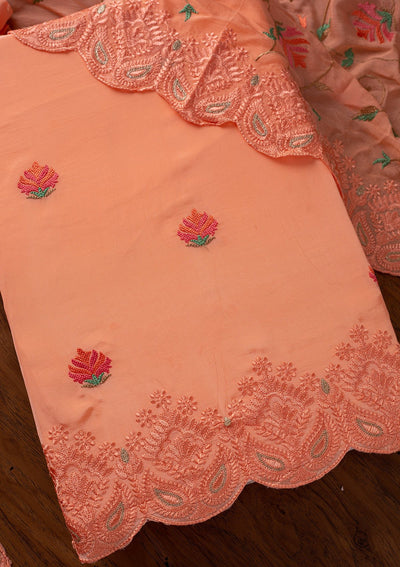 Peach Threadwork Semi Crepe Designer Unstitched Salwar Suit - koskii