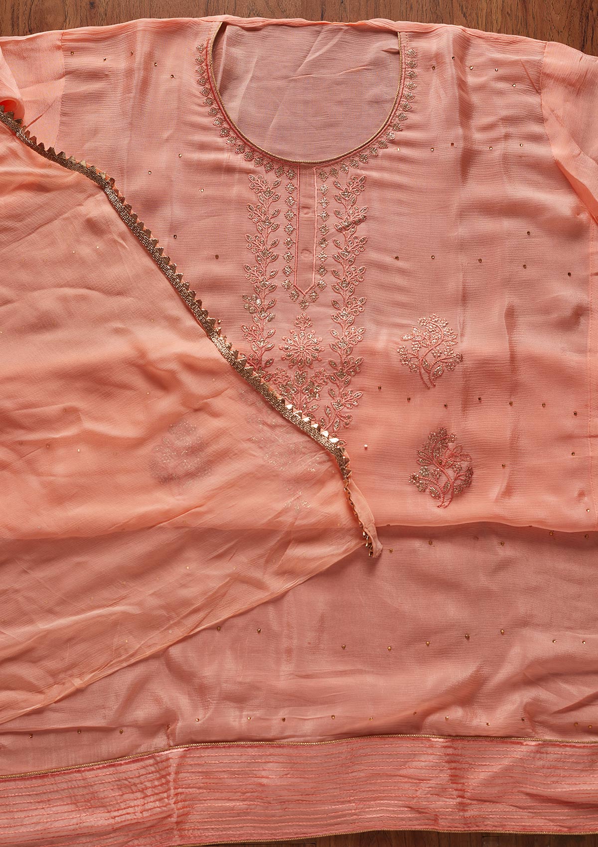 Peach Threadwork Semi Crepe Designer Unstitched Salwar Suit - koskii