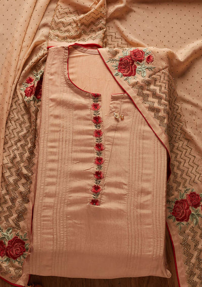 Peach Threadwork Semi Crepe Designer Semi-Stitched Salwar Suit - koskii