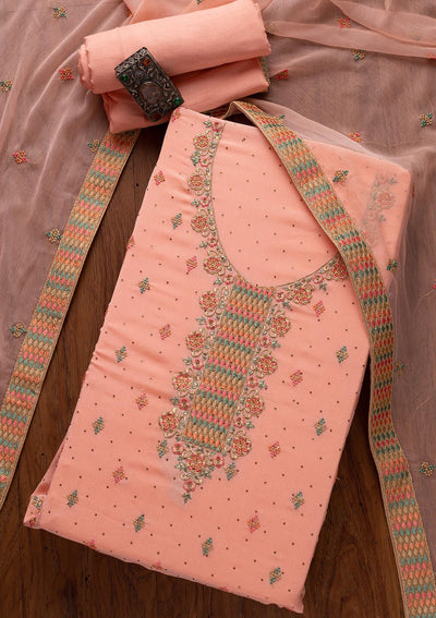 Peach Threadwork Semi Crepe Designer Semi-Stitched Salwar Suit - koskii