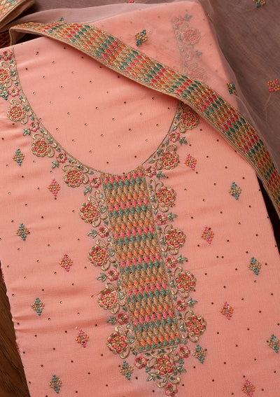 Peach Threadwork Semi Crepe Designer Semi-Stitched Salwar Suit - koskii