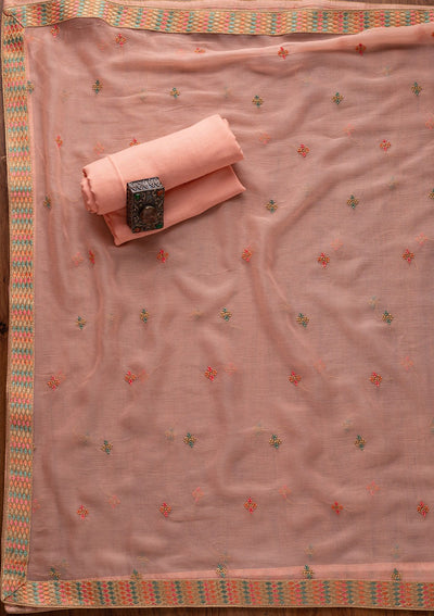 Peach Threadwork Semi Crepe Designer Semi-Stitched Salwar Suit - koskii