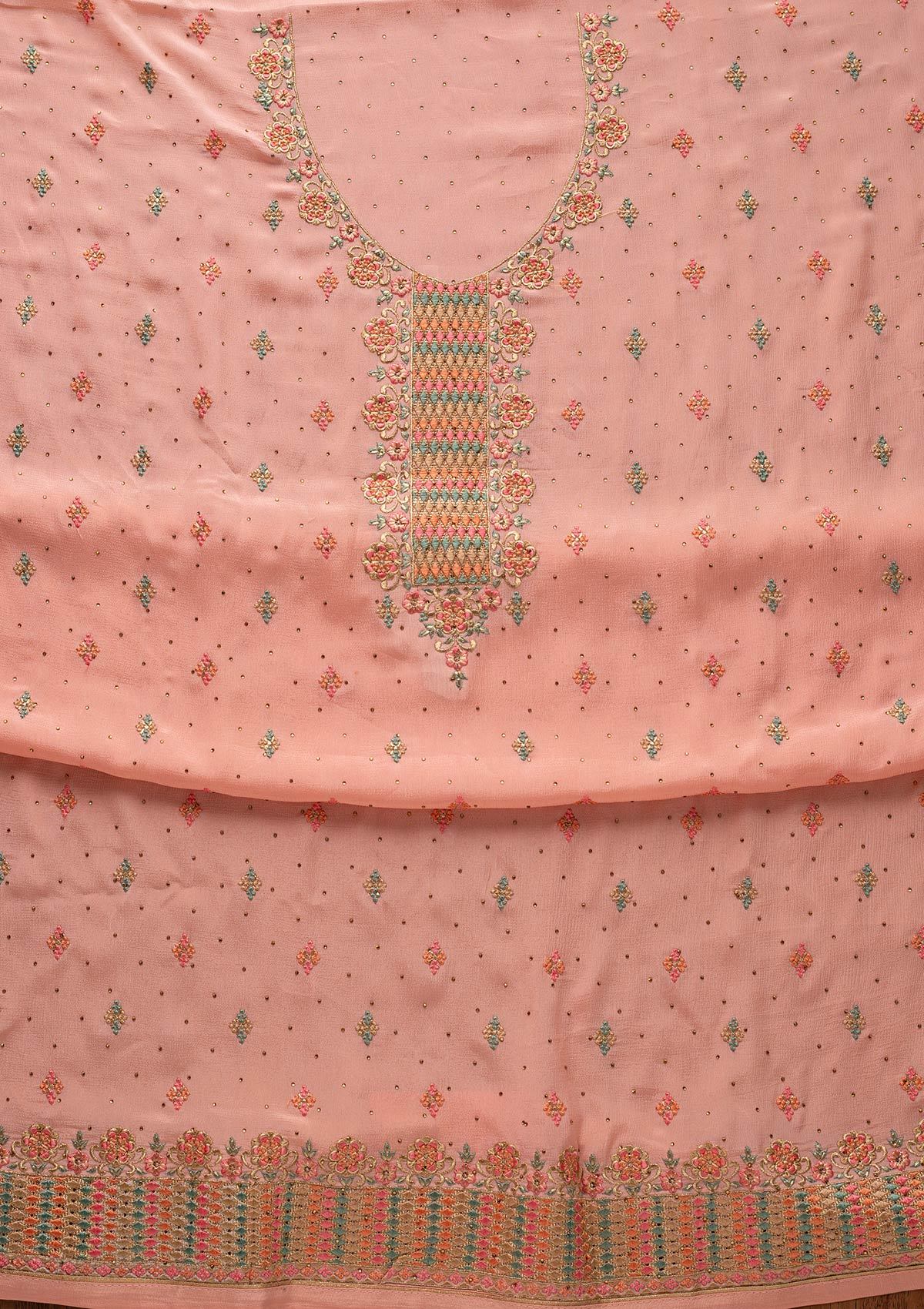Peach Threadwork Semi Crepe Designer Semi-Stitched Salwar Suit - koskii