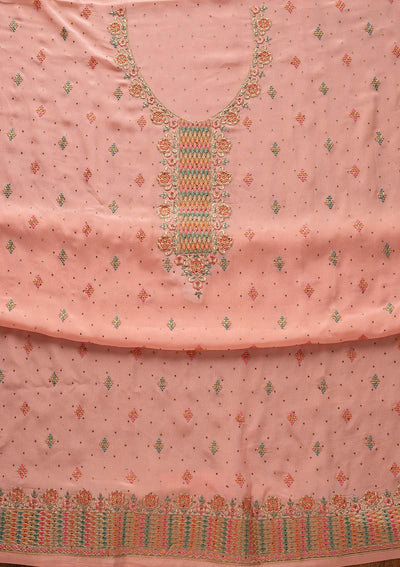 Peach Threadwork Semi Crepe Designer Semi-Stitched Salwar Suit - koskii
