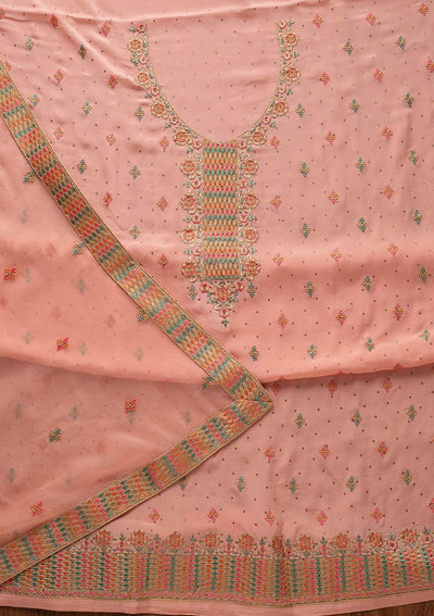 Peach Threadwork Semi Crepe Designer Semi-Stitched Salwar Suit - koskii