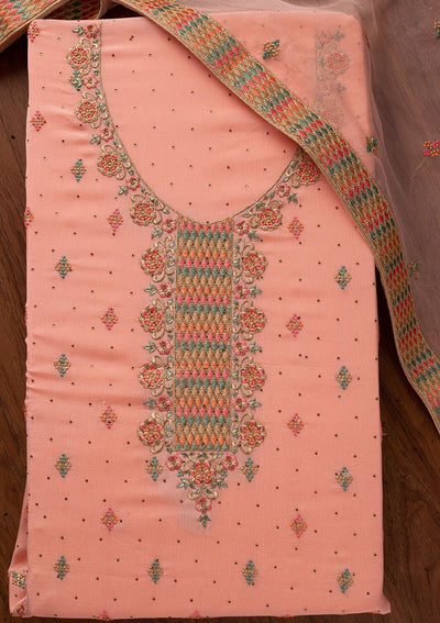 Peach Threadwork Semi Crepe Designer Semi-Stitched Salwar Suit - koskii