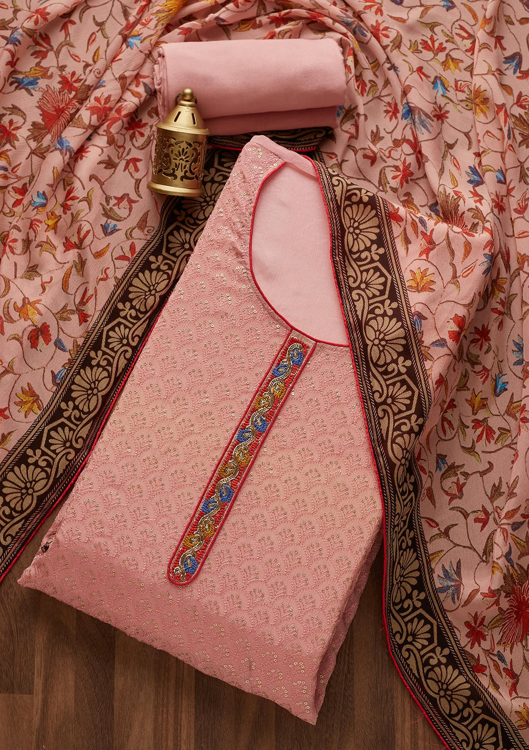 Peach Threadwork Semi Crepe  Unstitched Salwar Suit- Koskii
