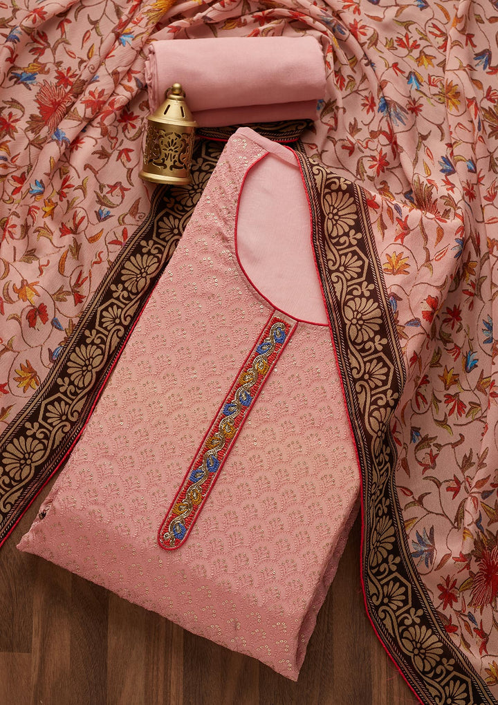 Peach Threadwork Semi Crepe  Unstitched Salwar Suit- Koskii