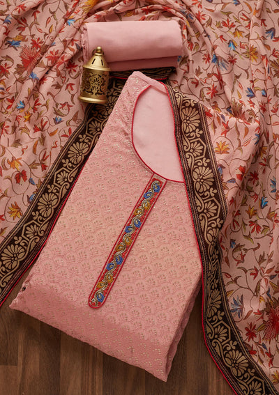Peach Threadwork Semi Crepe  Unstitched Salwar Suit- Koskii