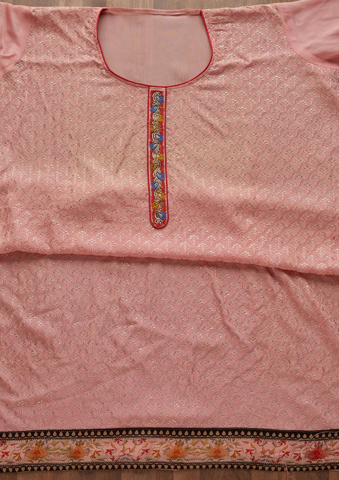 Peach Threadwork Semi Crepe  Unstitched Salwar Suit - Koskii