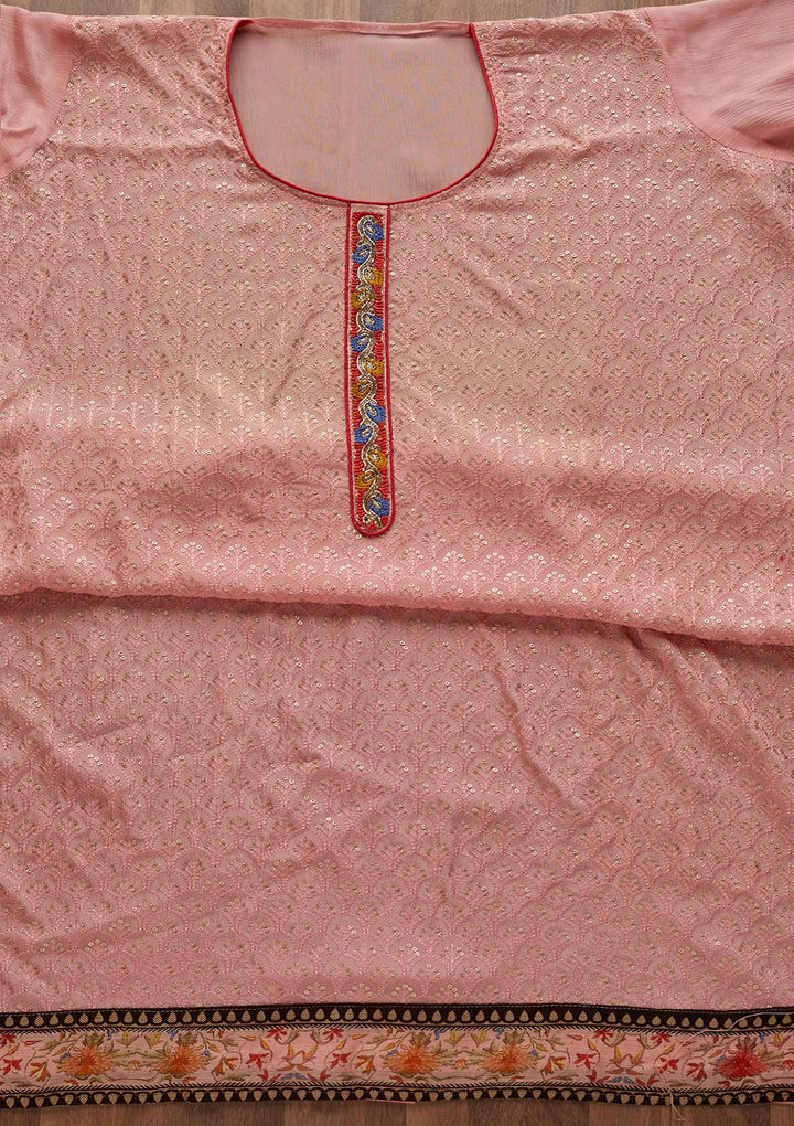 Peach Threadwork Semi Crepe  Unstitched Salwar Suit - Koskii