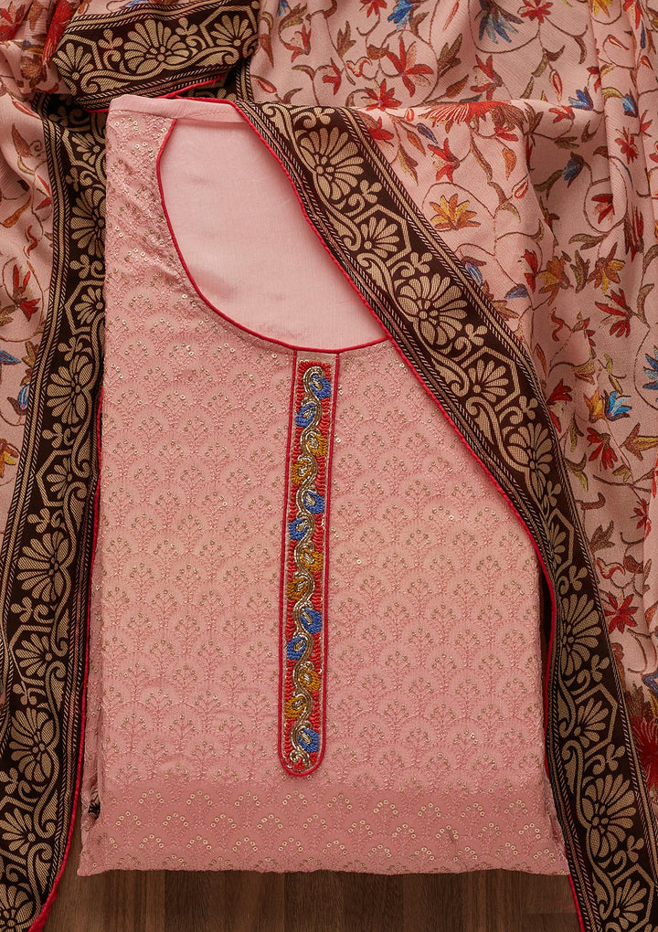 Peach Threadwork Semi Crepe  Unstitched Salwar Suit - Koskii