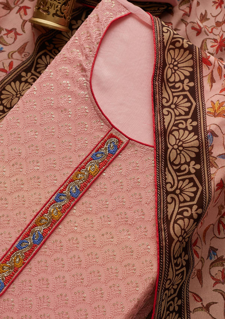 Peach Threadwork Semi Crepe  Unstitched Salwar Suit - Koskii