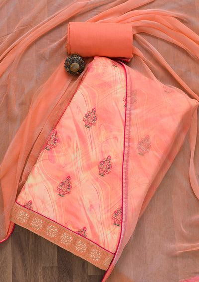 Peach Threadwork Semi Crepe Unstitched Salwar Suit-Koskii
