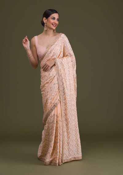 Peach Threadwork Semi Crepe Saree-Koskii