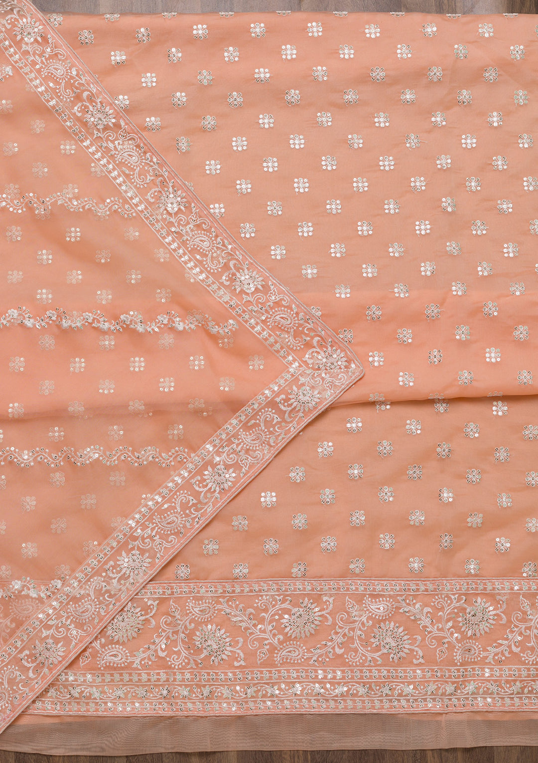 Peach Threadwork Tissue Unstitched Salwar Suit-Koskii