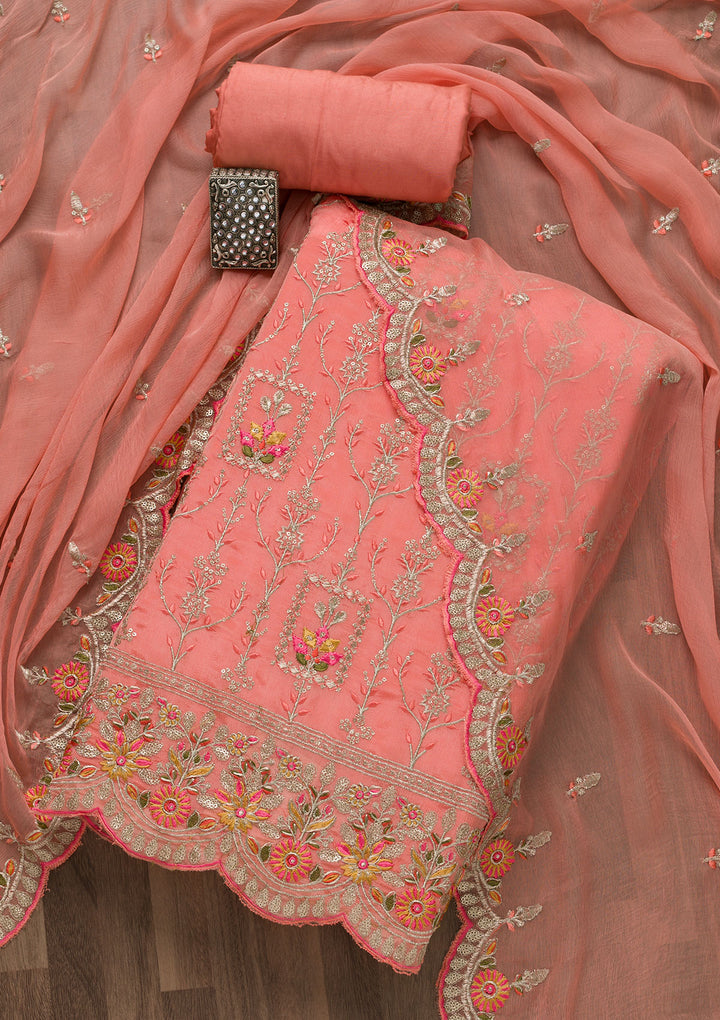 Peach Zariwork Art Silk Unstitched Salwar Suit-Koskii