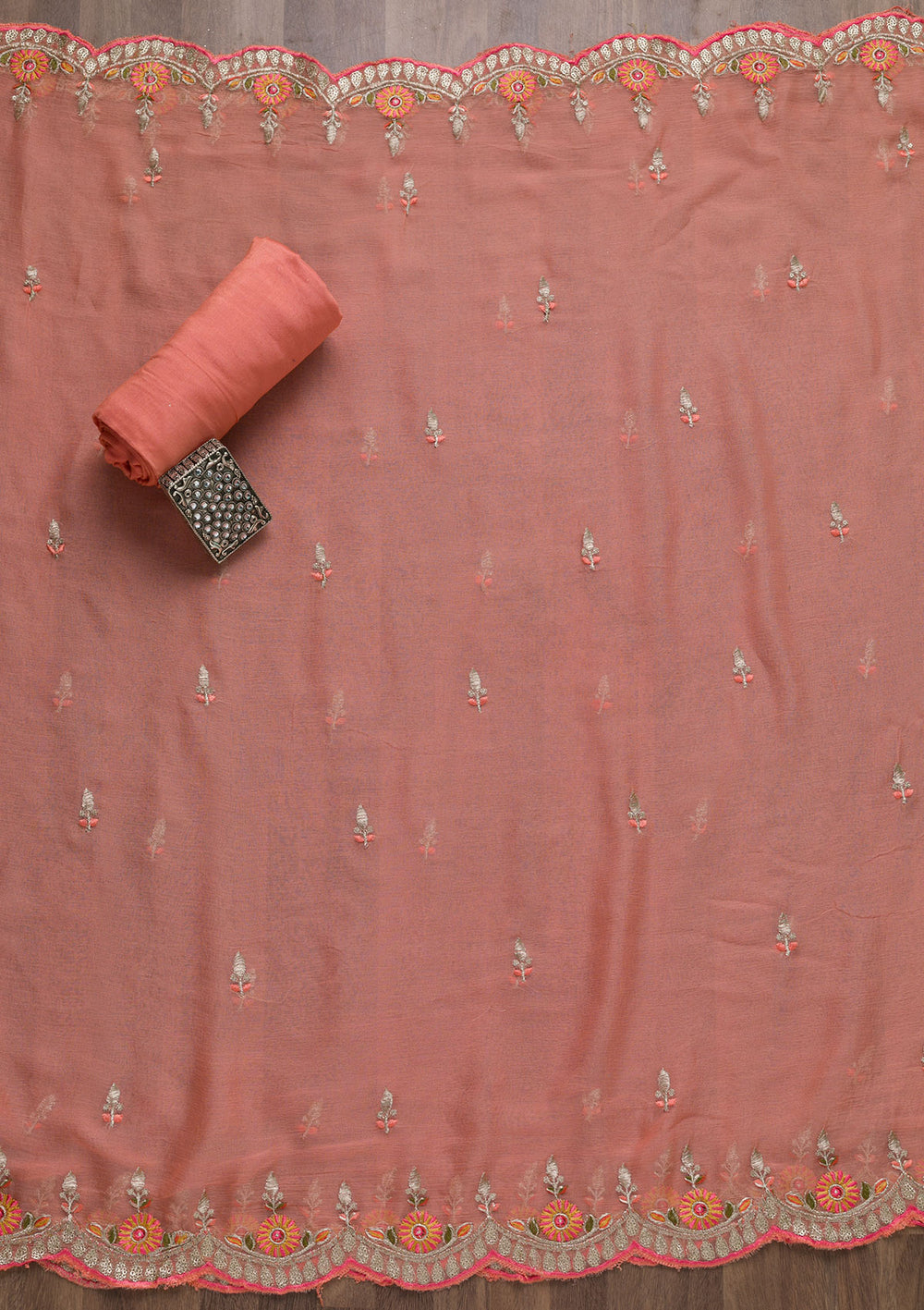 Peach Zariwork Art Silk Unstitched Salwar Suit-Koskii